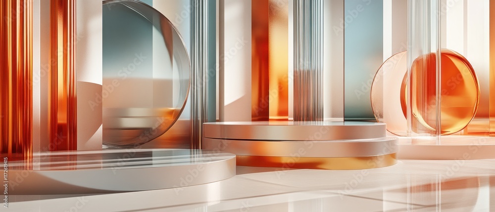 Poster dynamic geometric composition featuring orange and transparent elements in a modern space
