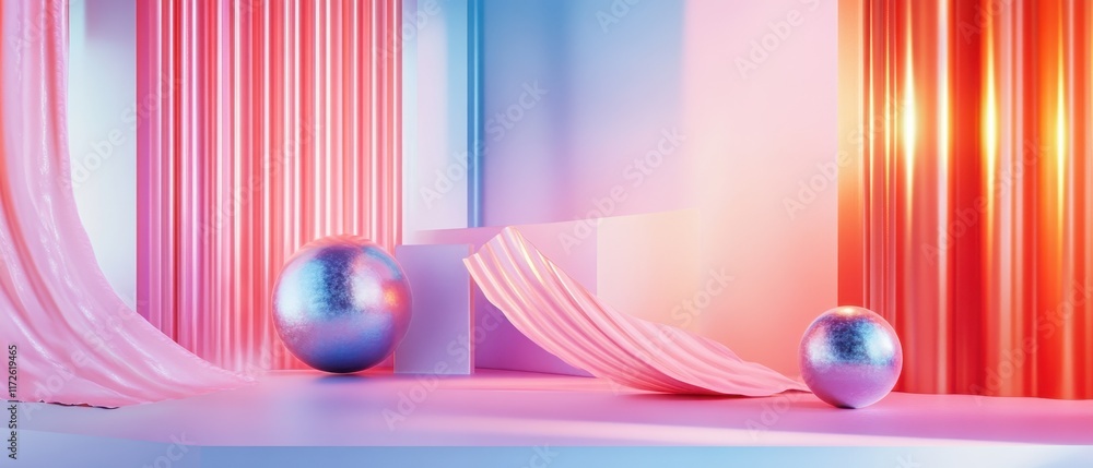 Poster colorful abstract background with reflective spheres and flowing fabric in a modern artistic setting