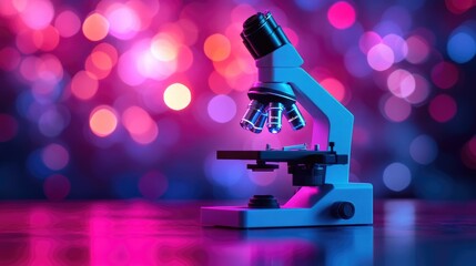 Laboratory microscope standing on a glowing purple background with bokeh light effects, minimalist and clean.