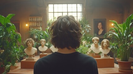 Person admiring busts in a sunlit conservatory.