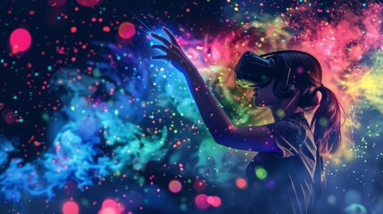 Woman in VR Headset Reaching into Colorful Abstract Space with Glowing Particles