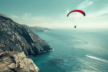 Parachutist with parachute makes heavenly adventure against on nature landscape, abstract vivid composition consists of fictional unreal fantastic vision on background