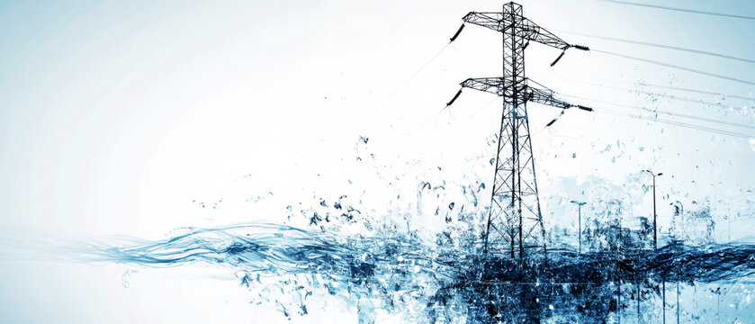 Energy services collage features a power tower in double exposure with electricity, gas, and water against a blue backdrop