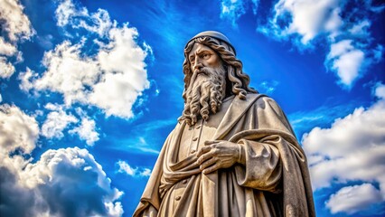 A captivating high-resolution image showcases a Da Vinci-esque sculpture, bathed in sunlight against a stunning blue Renaissance sky.