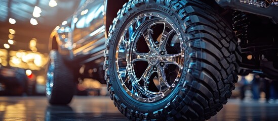 Close-up of a large, chrome wheel with off-road tire on a lifted truck at an auto show, showcasing the vehicle's ruggedness and style.