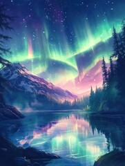 Fototapeta premium Stunning display of northern lights over a tranquil forest landscape at twilight with a serene river reflecting vibrant colors 