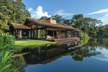 Lakeside modern house reflecting in calm water, forested background, luxury living