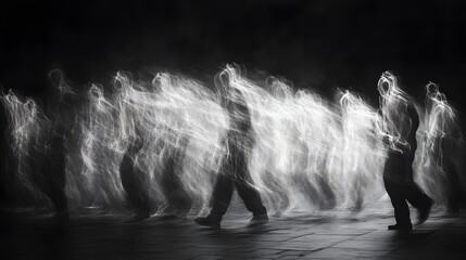 Abstract Black and White Backgrounds. A captivating black and white photograph depicting a series of blurred figures walking at night, creating ethereal light trails.