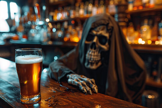 Scary grim reaper with sharp scythe in hell with dark dramatic color, abstract vivid composition consists of fictional unreal fantastic vision on background