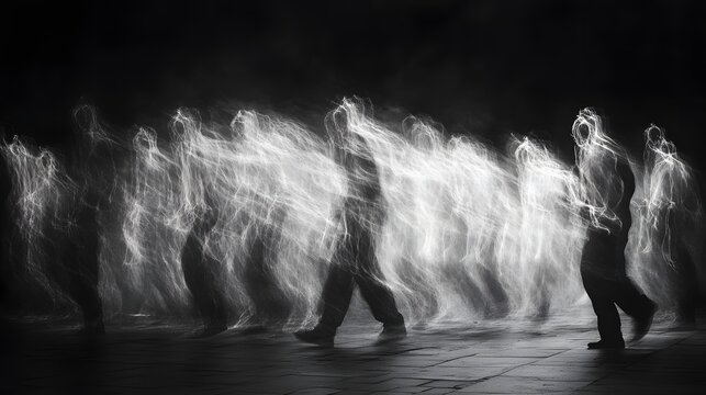 Fototapeta Abstract Black and White Backgrounds. A captivating black and white photograph depicting a series of blurred figures walking at night, creating ethereal light trails.
