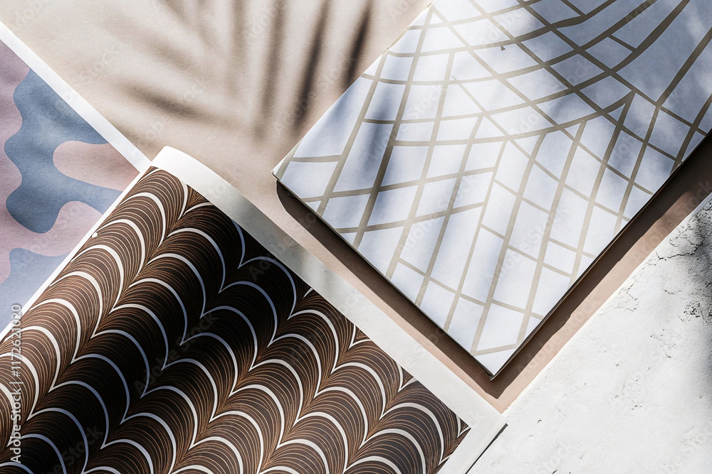 Poster flat lay of textured papers with geometric patterns and shadows.