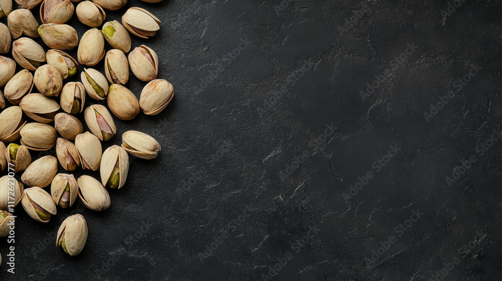Poster pile of pistachios in their shells on dark slate background, showcasing their unique texture and col