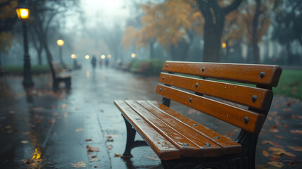 An empty bench on the edge of the city park road, autumn, blurred foggy background 