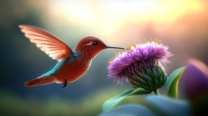 Fototapeta premium A hummingbird hovering near a vibrant flower in nature.