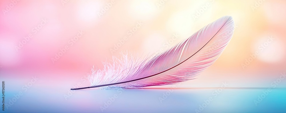 Poster feather abstract background concept. a delicate pink feather resting gently on a soft surface, surro