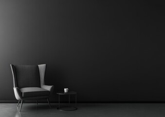 Dark room, armchair, side table, minimalist interior.