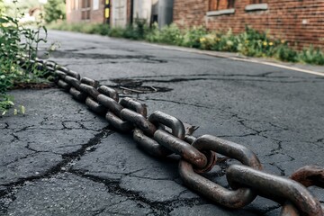 A long, rusty chain lies on a cracked asphalt road, in front of an old brick building. Weeds grow nearby. The scene suggests neglect and decay.
