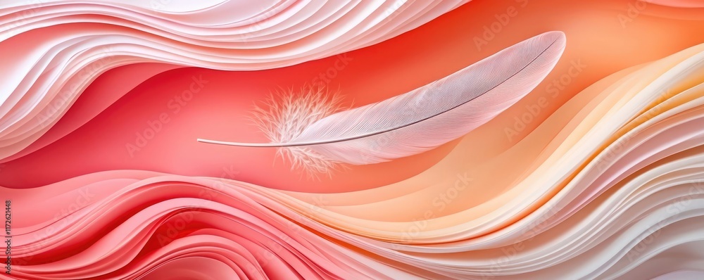 Poster Feather abstract background concept. A soft feather glides over flowing waves of coral and white, illustrating tranquility.
