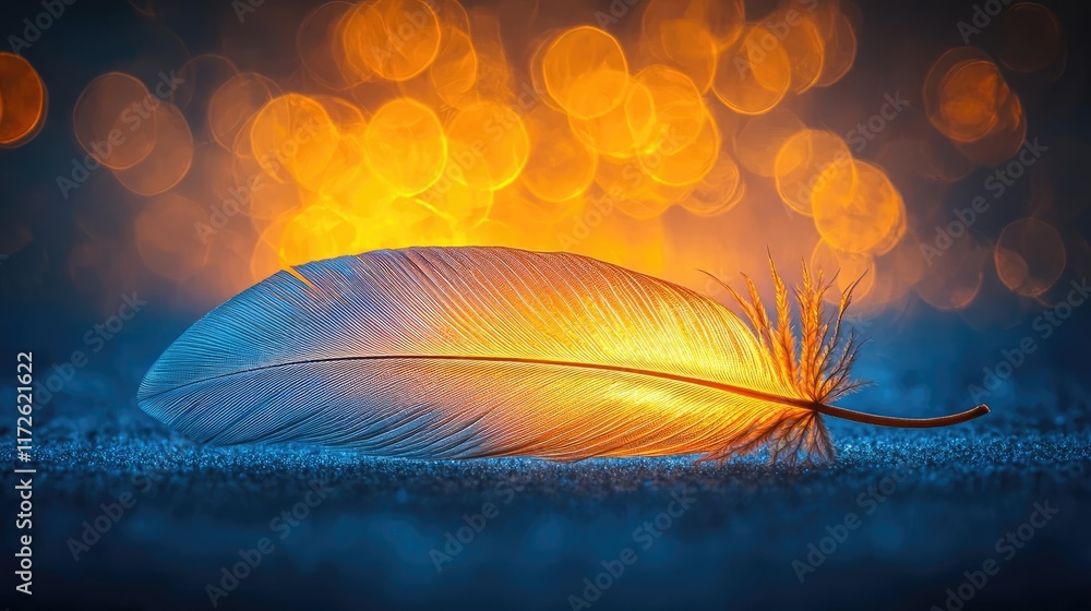 Poster Feather abstract background concept. A delicate feather resting on a soft surface illuminated by glowing bokeh lights.