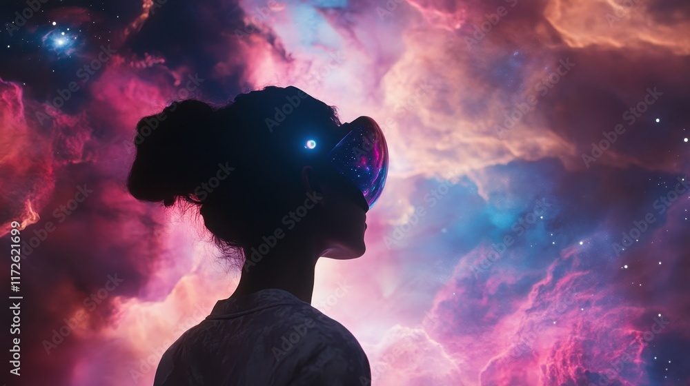 Poster exploring cosmic realms through virtual reality in a vibrant digital universe