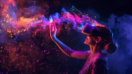 Woman Using Virtual Reality Headset with Colorful Smoke Explosions