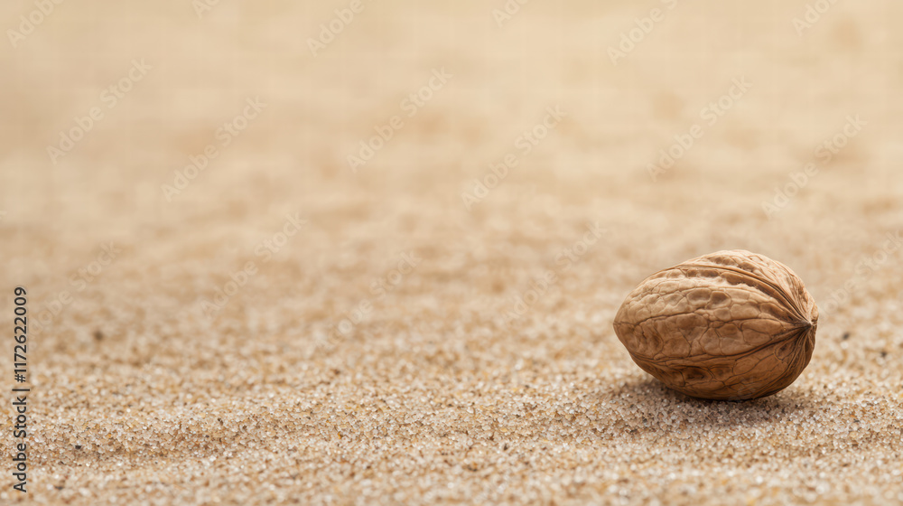 Poster single nut resting on sandy beach background, evoking sense of tranquility and simplicity. soft text