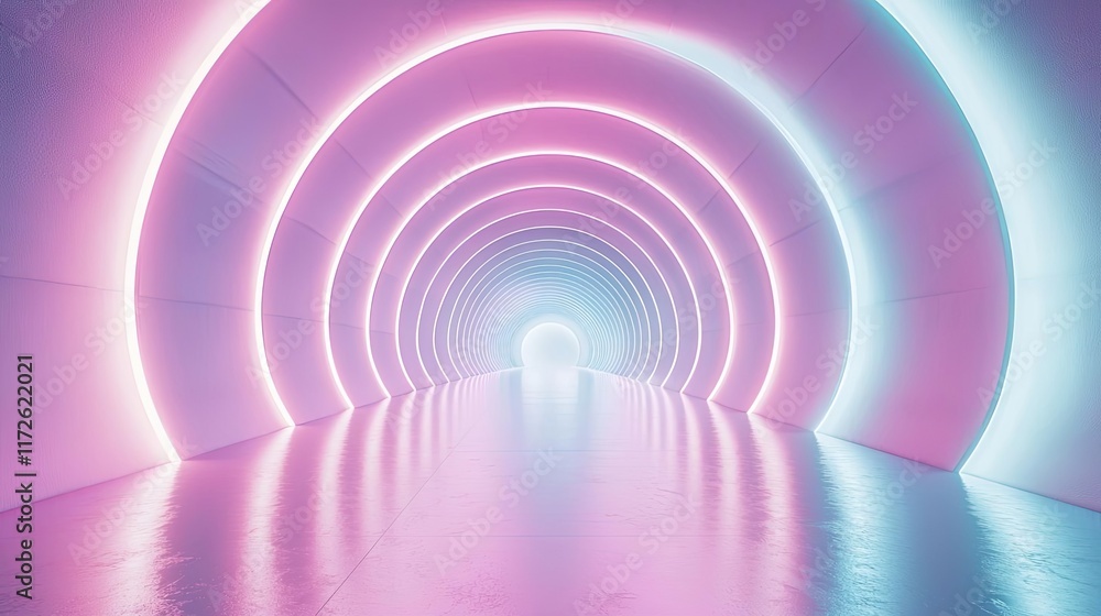 Poster soft abstract background idea. futuristic tunnel with pink and blue neon lights reflecting on a smoo