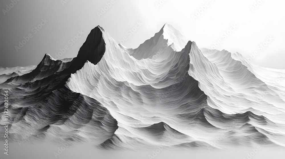 Poster Abstract Black and White Backgrounds. Grayscale image of majestic mountains, creating a serene and peaceful atmosphere.