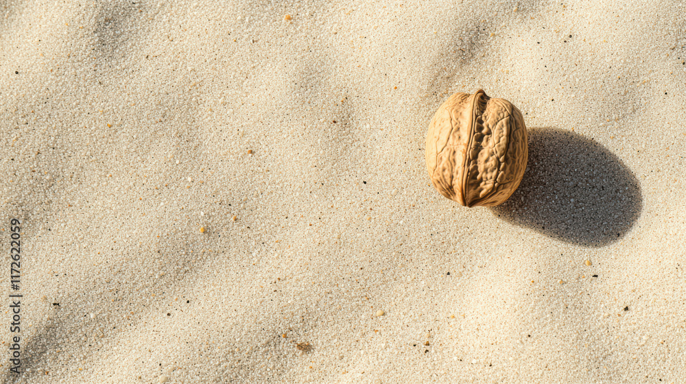 Poster single nut resting on sandy beach background, creating serene and tranquil atmosphere. soft texture 