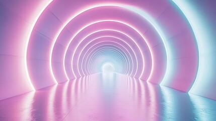 Soft abstract background idea. Futuristic tunnel with pink and blue neon lights reflecting on a smooth surface.