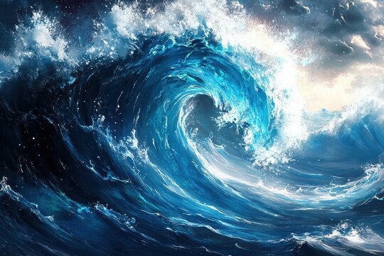 Majestic ocean wave crashing with vibrant blue hues and foamy crest during sunset