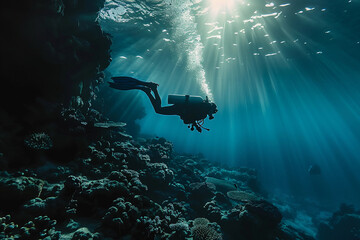 Fototapeta premium Beautiful diver goes on an underwater adventure in frighteningly deep blue sea, abstract vivid composition consists of fictional unreal fantastic vision on background