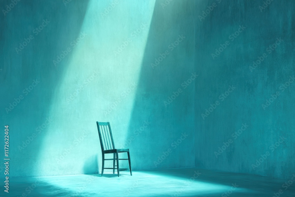 Wall mural Lonely chair spotlight in empty turquoise room