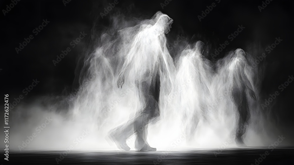 Poster abstract black and white backgrounds. abstract art photo of ghostly figures moving through smoke, cr