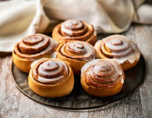 Freshly baking delicious cinnamon rolls with white frosting