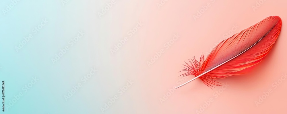 Poster feather abstract background concept. a vibrant red feather rests softly against a pastel background,