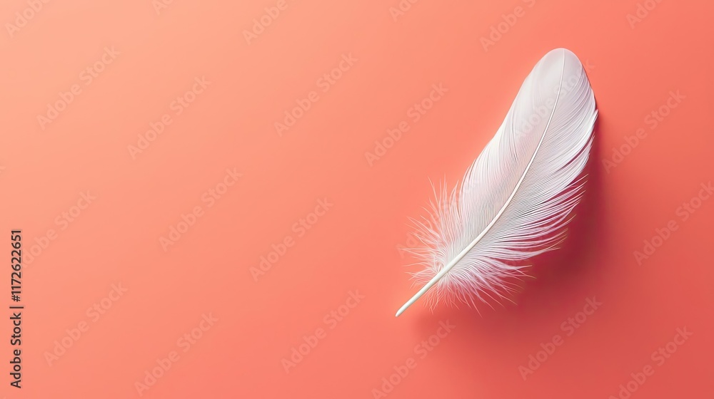 Poster feather abstract background concept. a delicate white feather rests gracefully on a soft coral backg