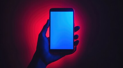 Close up Young man's hand holding mobile phone with empty screen against neon purple blue background,Male hand with smartphone. Blank white screen. Mock-up Red and blue neon light in dark black room.