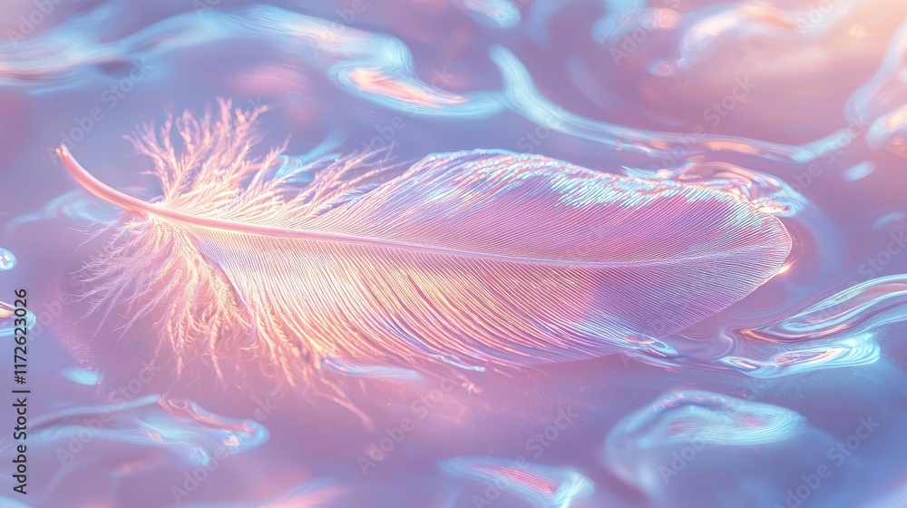Aufkleber Feather abstract background concept. A delicate feather floating on a shimmering, pastel-colored surface, creating a serene scene.