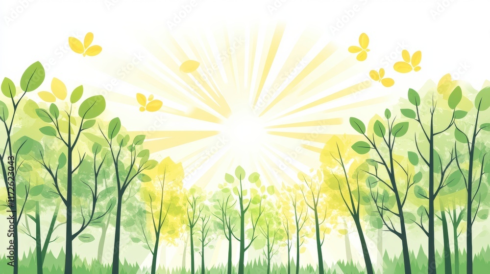 Poster bright and cheerful doodle of a sunny forest filled with green leaves and butterflies in a playful s