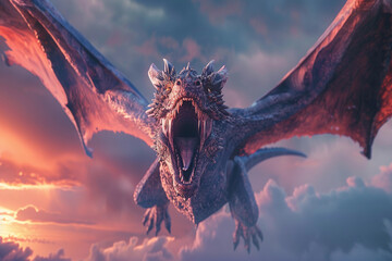 Fantastically beautiful mythological dragon with big wide wings, abstract vivid composition consists of fictional unreal fantastic vision on background