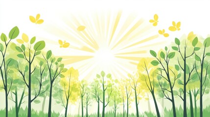 Obraz premium Bright and cheerful doodle of a sunny forest filled with green leaves and butterflies in a playful style. Generative AI