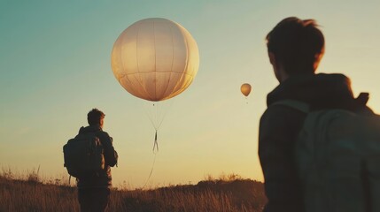 Obraz premium Two explorers observing hot air balloons during sunset in an open field
