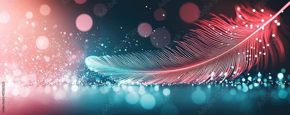 Poster Feather abstract background concept. Colorful feather with sparkling bokeh lights for creative and artistic backgrounds.