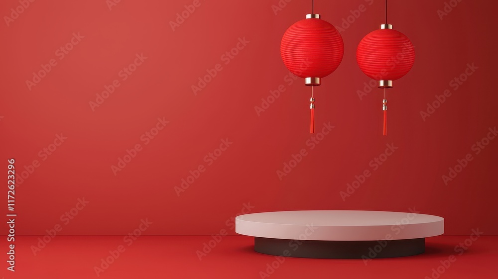 Poster chinese new year. red background with two hanging lanterns and a circular platform, creating a festi