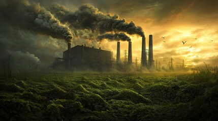 Factory emitting heavy smoke surrounded by green fields depicting industrial pollution and environmental toxicity
