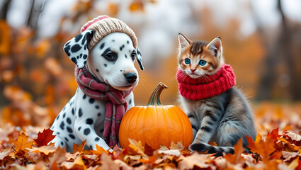 Dalmatian puppy wearing a warm hat and scarf sitts with a kitten on autumn foliage with a pumpkin