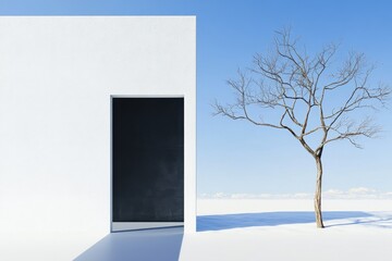 Minimalist winter scene with tree casting shadow on white wall