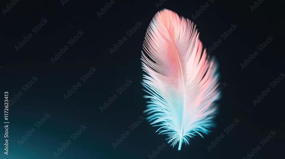 Poster feather abstract background concept. a delicate pastel feather glows against a dark background, evok