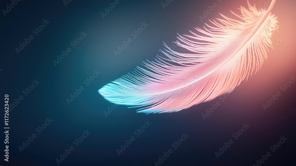 Poster feather abstract background concept. a beautifully lit, colorful feather floating gently on a serene